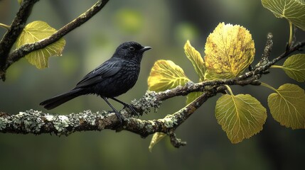 A highly detailed and photorealistic photograph of a small black bird with glossy feathers, perched on a lichen-covered branch. The branch has patches and clarity