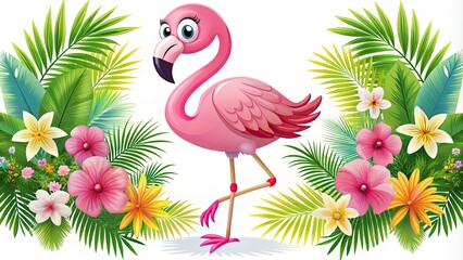 A whimsical pink flamingo character with bright eyes and a cheeky smile stands on one leg, surrounded by tropical palm fronds and floral blooms.