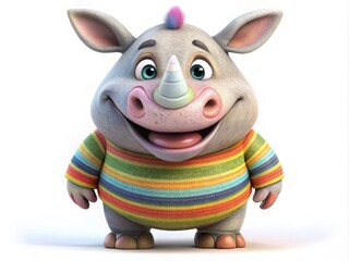 Fototapeta premium A whimsical rhino cartoon character with a bright smile, colorful stripes, and goofy eyes, set against a soft, white background with subtle texture.