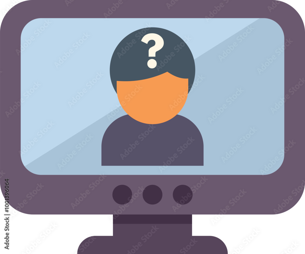 Poster man is shown on a computer screen with a question mark above his head, symbolizing online support an