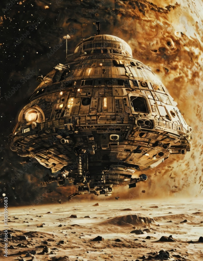 Poster a detailed circular space station hovers over the rocky, barren surface of an alien planet. the rust