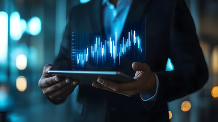 A man in suit holding a tablet. Digital 3D line graphs chart trend. Research science technology computer analysis data audit study professional doctor medical, mathematics, scientist