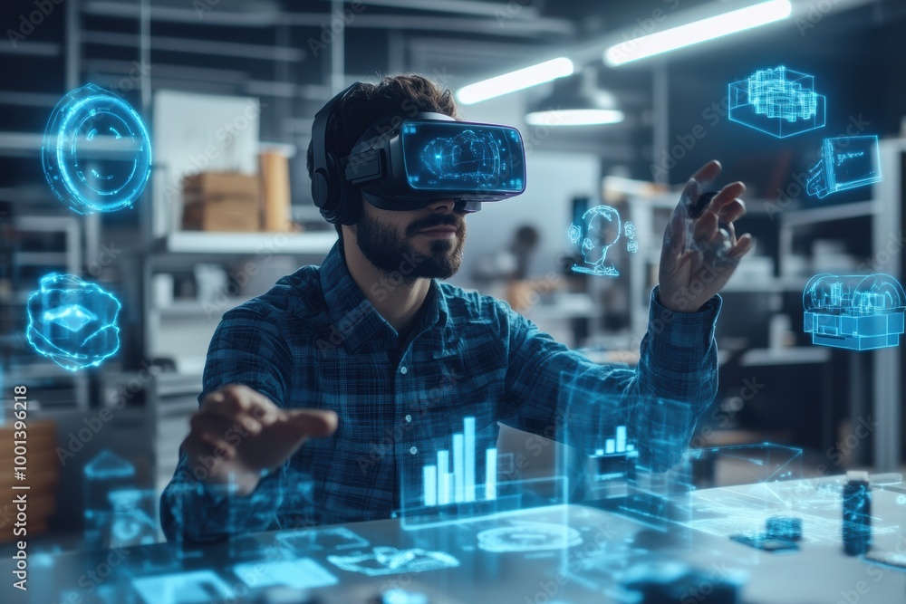 Leinwandbilder A virtual reality designer explores innovative concepts in a modern studio surrounded by floating 3D digital objects. Generative AI