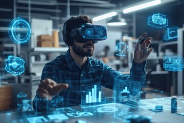 Fototapeta premium A virtual reality designer explores innovative concepts in a modern studio surrounded by floating 3D digital objects. Generative AI