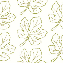 Fototapeta premium Seamless pattern with outlined fig leaves on isolated background. Hand drawn design for Autumn harvest holiday, Thanksgiving, Halloween, seasonal, textile, scrapbooking, paper crafts.