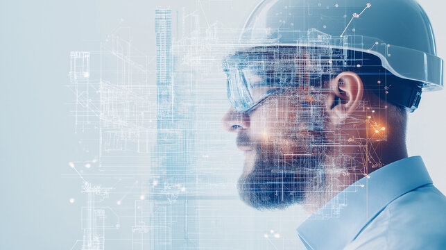 A building engineer wearing smart glasses, managing digital architectural designs