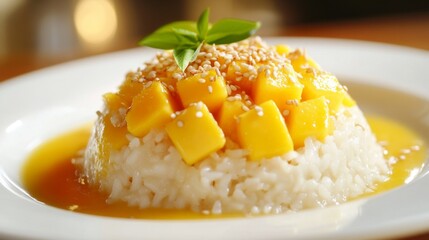 A dynamic shot of a serving of Thai mango sticky rice with a garnish of toasted sesame seeds, presented on a white plate to emphasize its vibrant colors and delicious appeal.