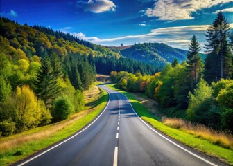 Fototapeta premium A winding asphalt road stretches through rolling hills and forests, flanked by white lines and dense trees, set against a clear blue sky.