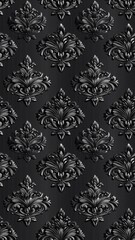 A textured black wallpaper featuring intricate damask patterns, exuding elegance and sophistication.