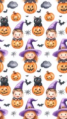 Fototapeta premium A whimsical Halloween-themed pattern featuring children in witch hats, pumpkins, black cats, bats, and playful clouds.