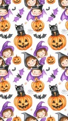 Obraz premium A whimsical Halloween pattern featuring happy children in costumes, pumpkins, bats, and playful black cats set against a light background.