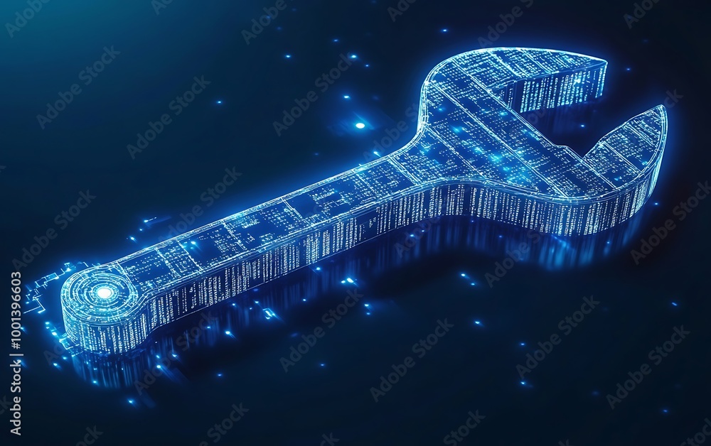 Poster blue digital wrench spanner with glowing binary code, ai in maintenance management systems, predicti