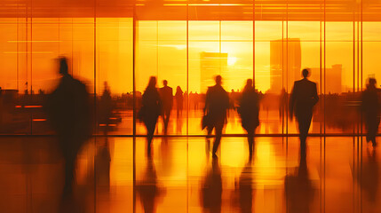 Abstract long exposure motion crowd of business people walking commercial centre corporate office in modern city downtown street. Fast pace busy crowded stress professional finance businessman