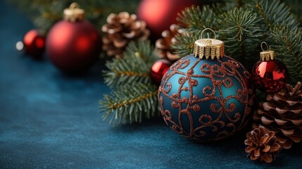 A teal Christmas ornament with gold trim and intricate swirls rests on a blue background surrounded by pine branches, pinecones, and red ornaments.