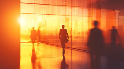 Abstract long exposure motion crowd of business people walking commercial centre corporate office in modern city downtown street. Fast pace busy crowded stress professional finance businessman