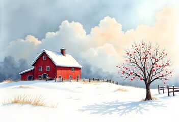 Winter landscape with a tall tree and a small house in the snow, watercolor illustration, rustic look, print for poster, New Year card, cover, household items and other designs.
