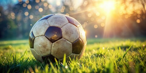 Fototapeta premium A worn, dimpled soccer ball sits isolated on a lush green grassy field, its panels glistening with dew against a soft, blurred natural background.