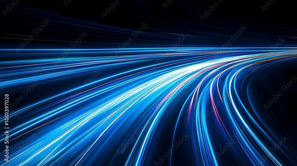 Poster bright blue light trails curve dynamically against a dark background, creating a sense of speed and 