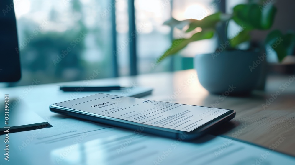Poster digital e-invoice displayed on a smartphone screen. office environment with modern tech and financia
