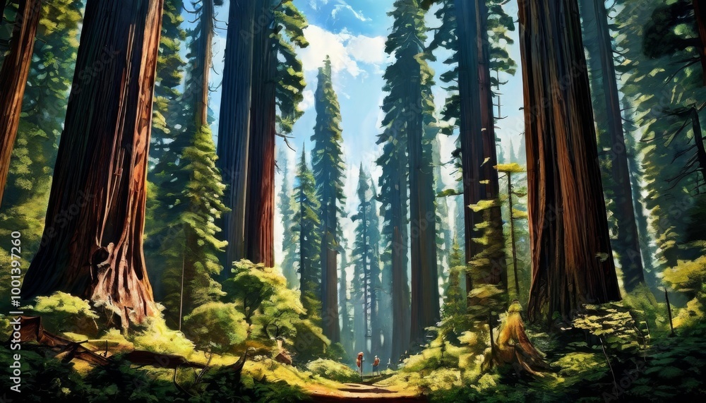 Poster a serene view of a dense redwood forest with towering trees and sunlight filtering through the canop