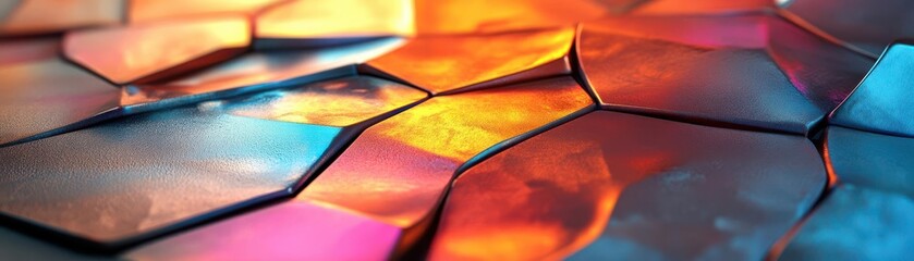 Abstract geometric patterns with metallic textures, modern, vibrant palette, 3D rendering