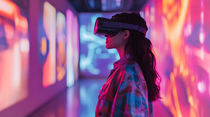 Obraz premium Young woman wear VR headset glasses goggles futuristic digital virtual world future technology metaverse cyberspace interaction reality 3D data gaming art gallery entertainment game show performance 
