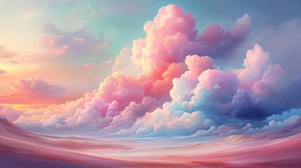 Dreamy landscape with floating clouds, fantasy, pastel colors, digital painting