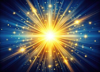 Naklejka premium Brilliant gold starburst explosion radiates vibrant rays from its central point, filling the frame with dynamic energy and celestial wonder on a deep blue background.