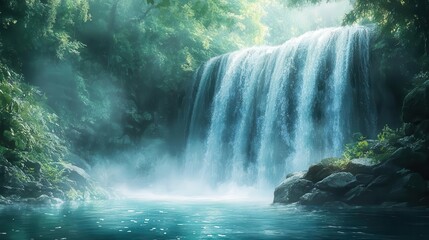 Mystical waterfall with glowing aura, fantasy, cool tones, watercolor
