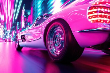 Retro car driving through neon city, pop art, bright hues, digital painting