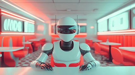 Retro diner with robotic waiters, pop art, bright colors, digital painting