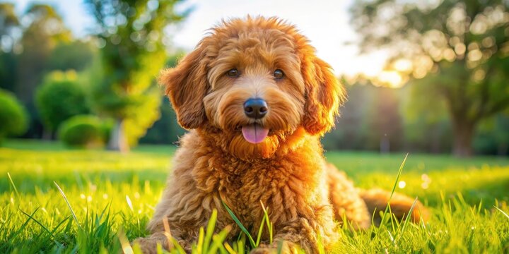 Adorable Red Golden Doodle Mini Posing Playfully in a Sunny Outdoor Setting with Green Grass