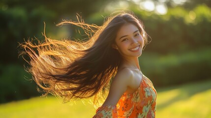 A dynamic shot of a woman twirling her long hair in a playful manner, wearing a bright sundress, with a vibrant green park background enhancing the joyful vibe