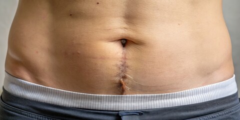 Close-up of a abdominal area showing a faint ostomy scar after temporary surgery, with slightly raised skin and subtle discoloration, symbolizing resilience and recovery.