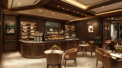 Obraz premium Discover a luxurious coffee shop model featuring elegant decor, plush seating, and a menu focused on high-end coffee and gourmet food pairings