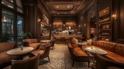 Discover a luxurious coffee shop model featuring elegant decor, plush seating, and a menu focused on high-end coffee and gourmet food pairings