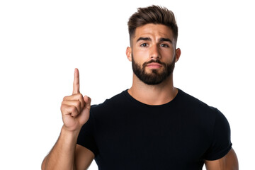 Naklejka premium A man with a beard and a black shirt pointing to the sky. on transparent background png