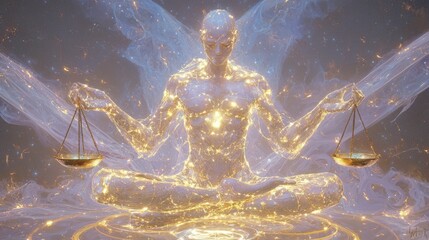 Harmony Within: Serene Libra-Themed Artwork of Meditative Figure Holding Glowing Scales, Symbolizing Peace and Balance