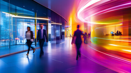 Abstract long exposure motion crowd of business people walking commercial centre corporate office in modern city downtown street. Fast pace busy crowded stress professional finance businessman