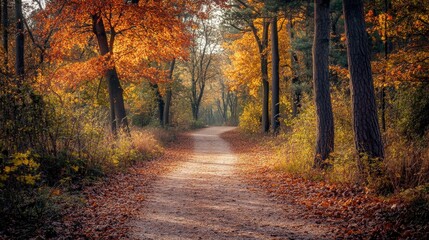 Obraz premium Discover a tranquil autumn path in the forest, with fiery fall colors providing a breathtaking and peaceful backdrop for a calming walk