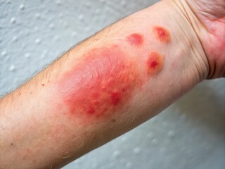 Fototapeta premium Close-up of a raised, red, and swollen skin reaction on the forearm, indicating a positive result in a Tuberculin Skin Test (Mantoux Test).