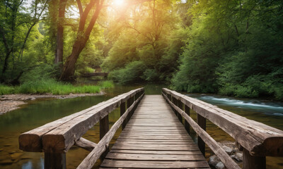 A wooden bridge extends over a calm, clear stream in a forest on a sunny day