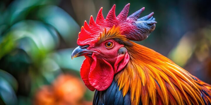 Close-up of a rooster's vibrant plumage, showcasing its distinctive red and black feathers, proudly puffed out chest, and sharp beak, against a blurred background.