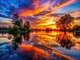 A Dramatic Sunset Over a Tranquil Lake with Silhouetted Trees and Reflections on the Water