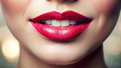 Fototapeta premium Close-up of luscious, plump, and rosy lips slightly parted, revealing a hint of white teeth, against a soft, blurred background with natural lighting.