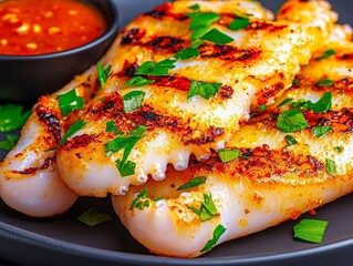 Flavorful StreetStyle Grilled Squid with Dipping Sauce and Fresh Herbs  Seafood Delight