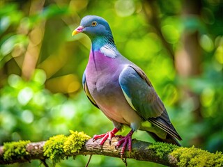 Fototapeta premium Adult wood pigeon perched gracefully on a branch in a lush green forest during a sunny day
