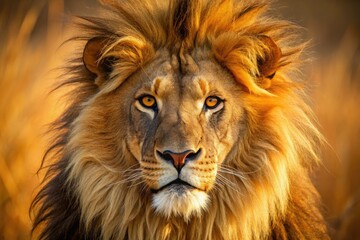 Fototapeta premium _Close-up of majestic lion's head with shaggy mane, whiskers, and piercing eyes, set against a warm, golden-brown background, evoking regal power and African savannah essence._