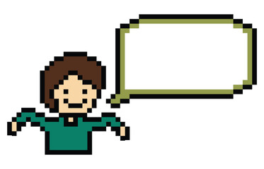 Fototapeta premium Cartoon pixel cute character man face with chat blank decoration 8 bit male boy say speak discuss idea chat box cartoon pixel game png vector.
