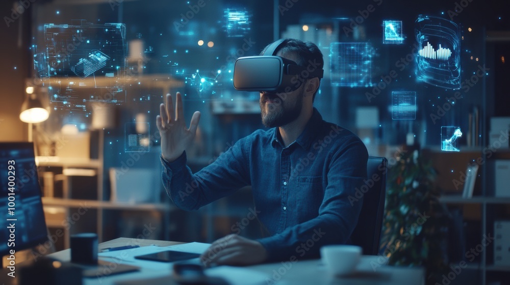 Poster a virtual reality designer works in a modern studio surrounded by floating 3d objects while wearing 